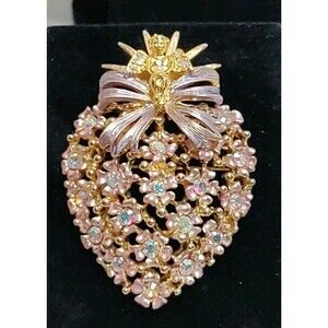 Graziano Gold Heart Cupid Brooch With AB Rhinestones & Enamel Vintage